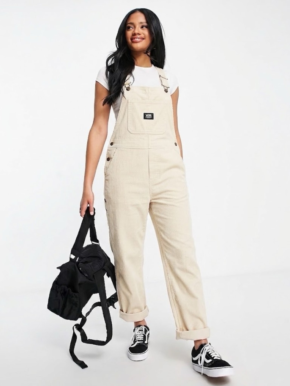 VANS Ground Work Corduroy Dungaree Carpenter Relaxed Overalls in Beige Small NEW